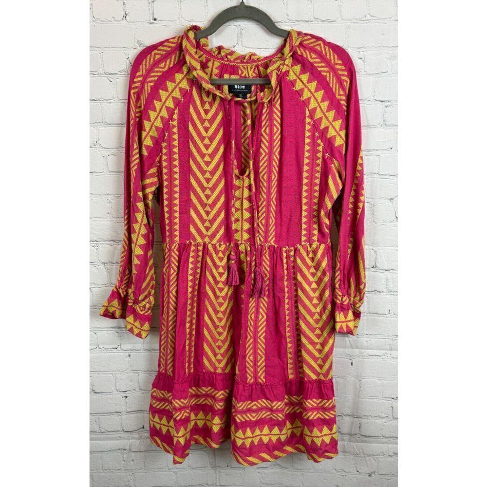 MAEVE BY ANTHROPOLOGIE Dominique pink yellow boho cotton rayon dress XS NWOT
